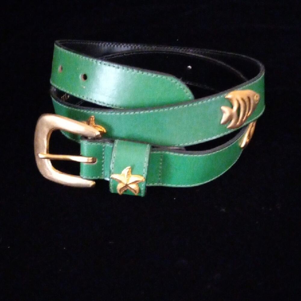 Vintage Joan & David Too Green Calfskin Belt Gold Fish Starfish Nautical XL
